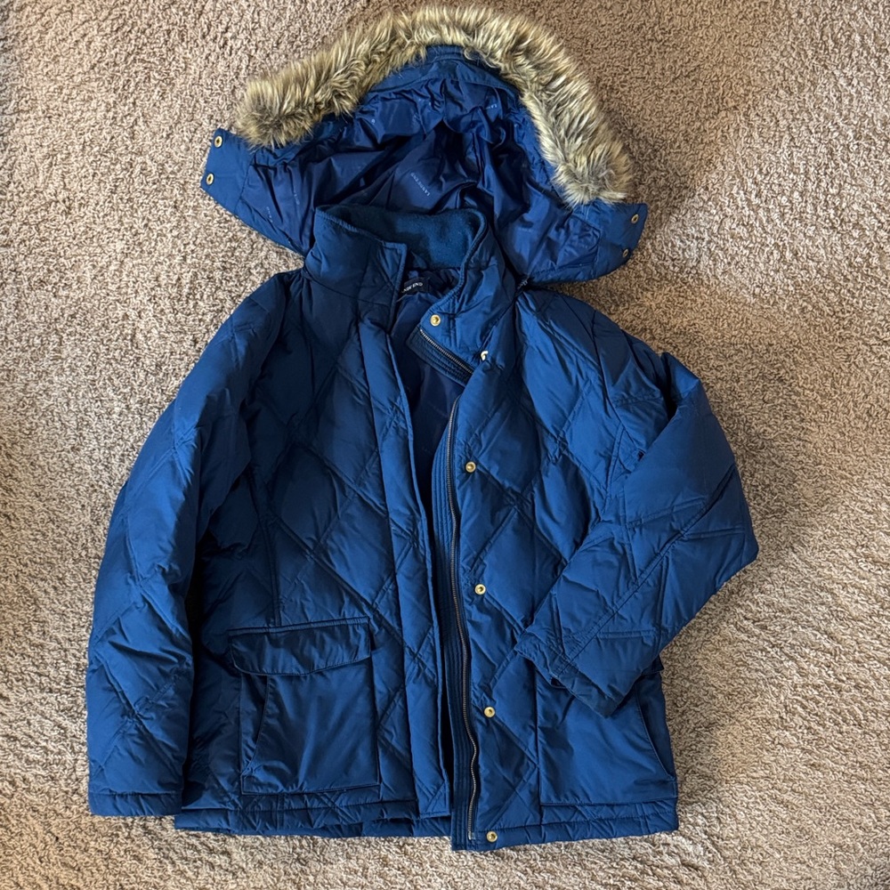 Lands' End Blue Puffer Jacket with Faux Fur Hood